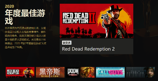 2020年Steam大奖名单出炉 《荒野大镖客：救赎2》斩获年度最佳游戏