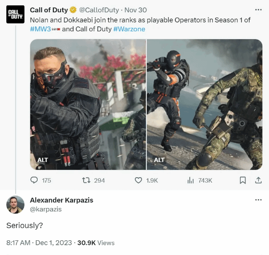 《COD》新角色撞车《彩六》引育碧不满：你认真的？
