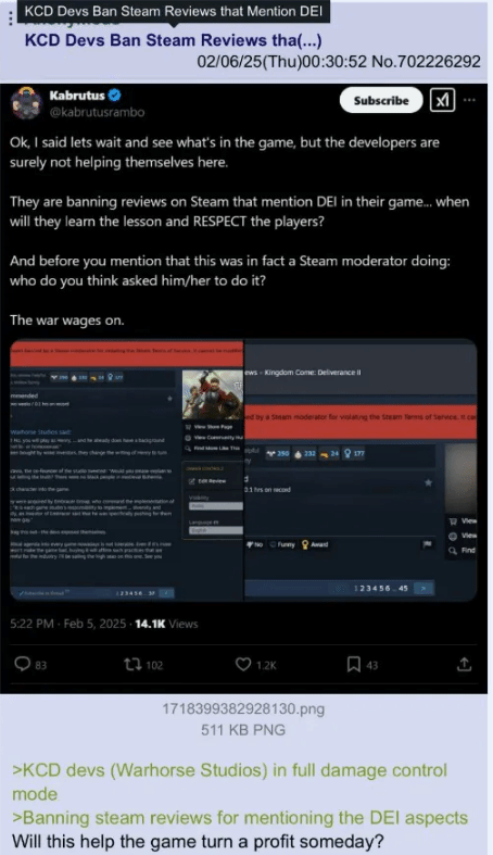 《天国拯救2》Steam评论遭删 涉及DEI成禁忌话题