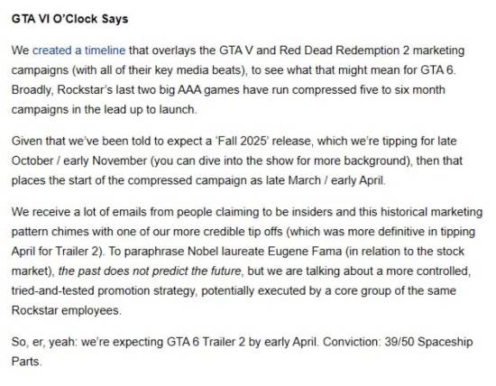 曝《GTA6》新预告4月发布 玩家表示已等麻不敢再信