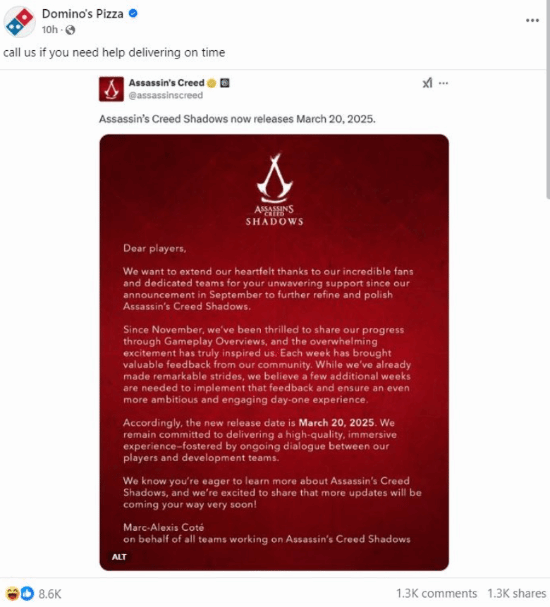 知名披萨品牌达美乐再次喊话《刺客信条》：带我回去！