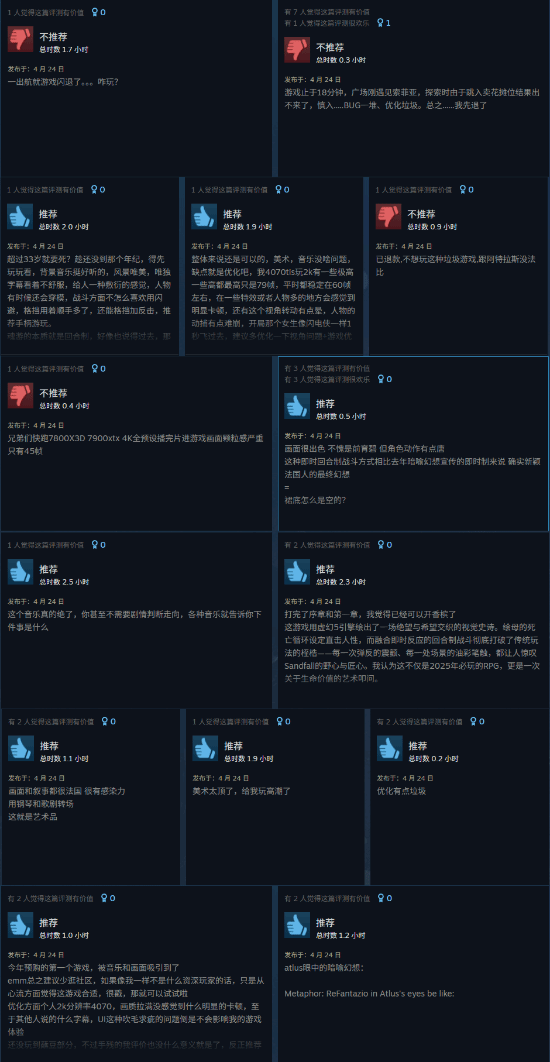 《光与影：33号远征队》Steam好评率83%：玩法内容普遍好评 缺点是优化太差