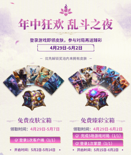 《英雄联盟》无限乱斗模式回归！登录游戏可领取免费皮肤宝箱!