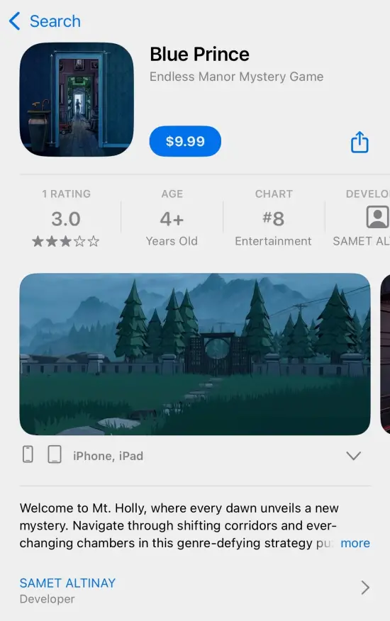 AppStore再次上架盗版游戏：今年M站PC分数最高的《蓝途王子》