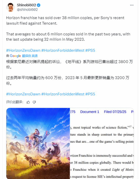 索尼《地平线》系列销量超3800万份 诉讼文件披露