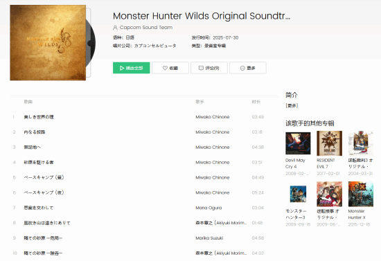 《怪物猎人荒野》原声集DLC上架：每首歌2元 总价252元